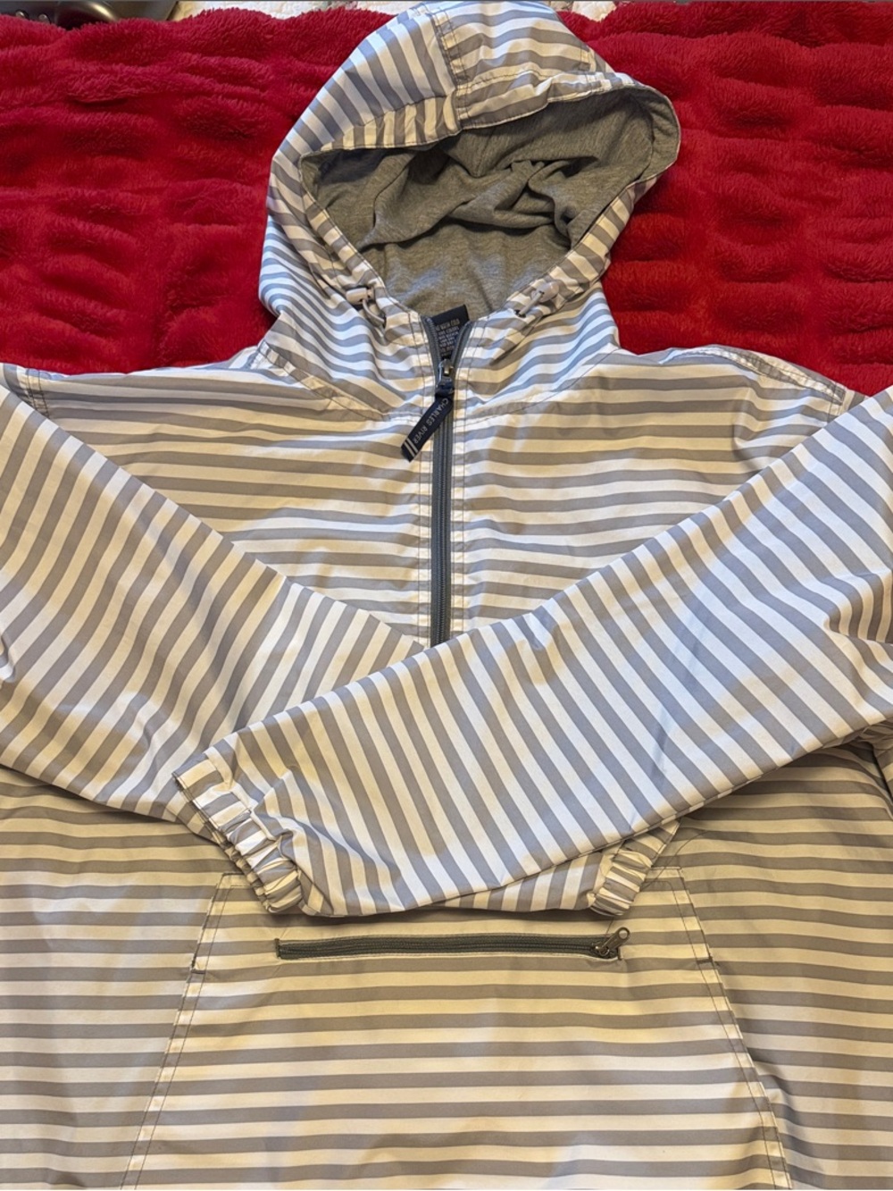 Charles River Apparel Gray and White Striped Hooded Utility Jacket